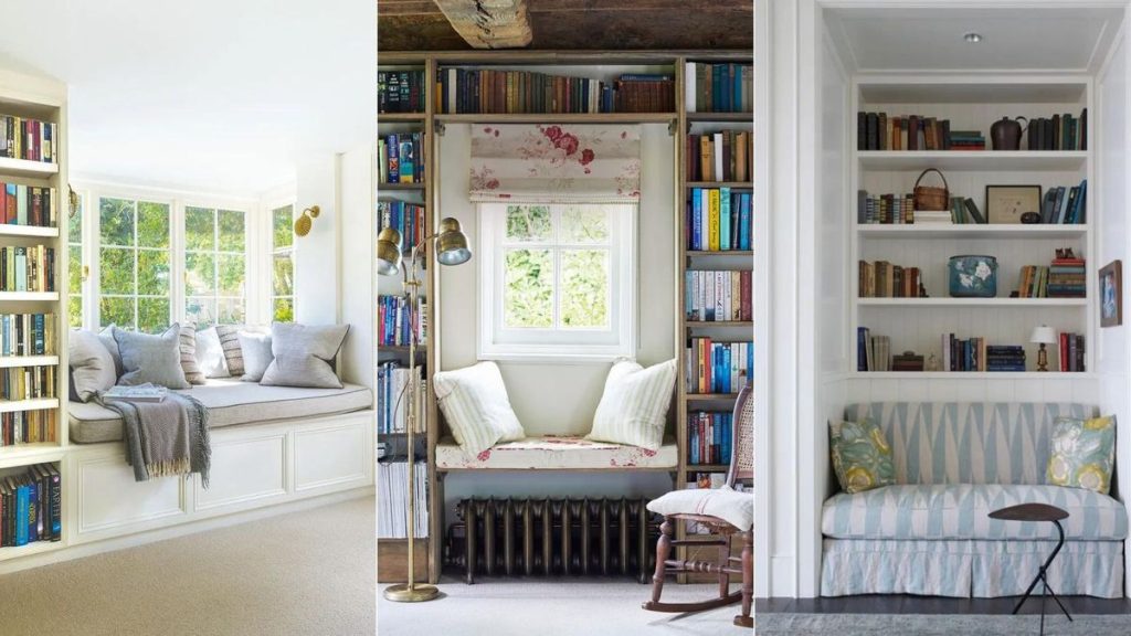 bookshelf in cozy reading nook